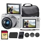 Canon EOS M100 Mirrorless Camera with 15-45mm Lens (White) | 24.2MP APS-C Sensor, Dual Pixel CMOS AF, Wi-Fi & Bluetooth | Great for Travel & Beginner Photos (2210C011) + 64GB Card + Camera Bag