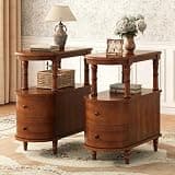 PADMA HOUSE Set of 2 Solid Wood End Table with 2 Drawers, Narrow Sofa Side Table Slim Chair Side Table with Storage Shelf, Vintage Slim Nightstand Bedside Table, Beewax Tone,BG-A508-MG