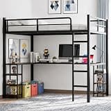 Feetice Full Size Loft Bed with Desk, Metal Frame with Shelves and Clothes Rack, Anti-Tilt Design & 12" Safety Rail, Space-Saving Loft Bed for Teens, Black