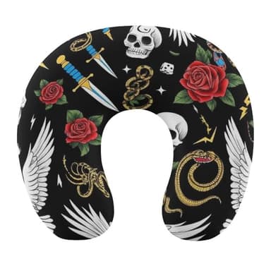100% BLUE COLLAR Lightweight Portable Memory Foam Neck Pillow Cool Rock Wild Eagle Red Rose Skull Floral (2) Headrest Washable Cover Travel Airplane Pillow
