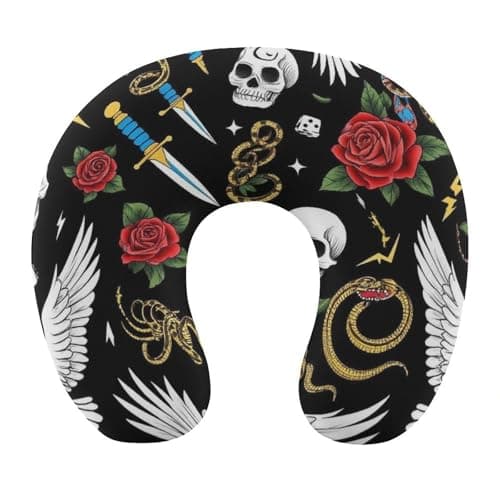 100% BLUE COLLAR Lightweight Portable Memory Foam Neck Pillow Cool Rock Wild Eagle Red Rose Skull Floral (2) Headrest Washable Cover Travel Airplane Pillow