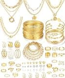 17 MILE 78 Pieces Gold Jewelry Set for Women, 9 Necklace, 24 Bangle Bracelet, 22 Earrings, 23 Knuckle Rings Ties Gold Plated Jewerly set for Women Gift