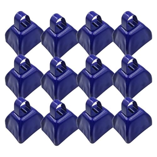 Fesjoy Metal Cowbell Noise Maker Loud Clear Sound for Football Games Cheering Sporting Events 12 Pack Cowbells Mini Cow Bell DIY Christmas Accessories Blue Metal 3.1inch (12 Pack)