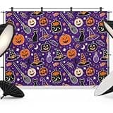 Purple Halloween Backdrop 8x6ft Cartoon Pumpkins Cats Candy Photography Backdrop Fabric Photoshoot Background Tapestry Banner for Birthday Baby Shower Decoration Party Video Photo Studio Props