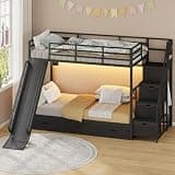Bunk Bed with Slide and Storage, Twin Over Twin Metal Bunk Bed Frame with LED Lights & Staircase Storage, Space-Saving Bed Frame with 6 Drawers for Bedroom, White