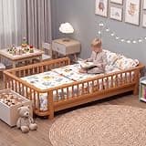 FFBCFDK Twin Bed Frames for Kids, Solid Wood Montessori Toddler Floor Bed Frame with Smooth Curved Corners & Full Length Safety Rails, Round Spindles Heavy Duty Bedframe, No Box Spring Needed