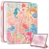 Starfish Seahorses Pattern Case for iPad 9.7 Inch 5th / 6th Gen(2017/2018) Built-in Pencil Holder, Summer Case Trifold with Soft Transparent TPU Back Cover, Auto Wake/Sleep Protective Case,Pink