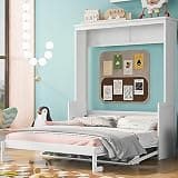 RuiSiSi Queen Size Murphy Bed Cabinet with Desk, Space-Saving Wood Wall Bed Frame with Storage, Hideaway Murphy Bed with Gas Struts for Small Bedroom Home Office Guest Room, White