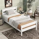 VOOTOLOVER Twin Bed with Headboard and Footboard, Solid Rubber Wood, White, Spacious Storage for Apartments and Studios