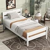 OFLILAK Rustic Minimalist Twin Bed with Headboard, Footboard, Solid Rubber Wood, White, Spacious Storage for Small Spaces
