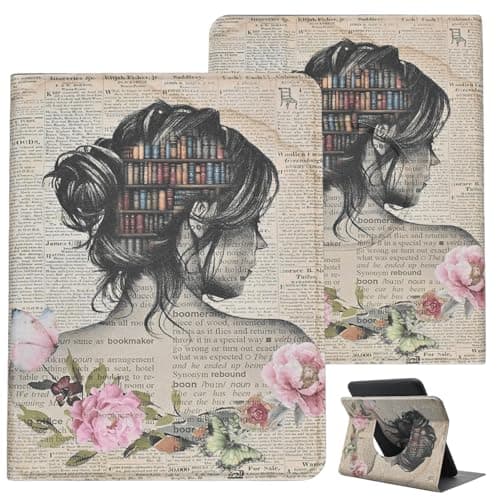 Rotation Case for 7'' Kindle Paperwhite 12th Gen 2024 and Kindle Colorsoft Signature Edition, Books Lover Gifts Vintage Style PU Leather Stand TPU Protective Cover with Auto Sleep Wake