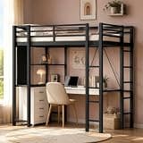 Nuturelly Full Size Loft Bed with Desk and Storage Shelves, Heavy Duty Metal Bed Frame with 2 Side Ladders for Adults & Teens, Space-Saving 2-in-1 Work & Study Hub for Small Rooms, Noise-Free, Black