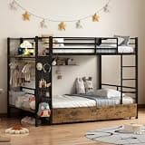 FAVSH Twin Over Twin Metal Bunk Bed with Storage Station & Rolling Drawers
