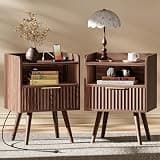 Huuger Nightstand with Charging Station, USB-C Port, Fluted Night Stand Set of 2, Bed Side Table with Drawer, Solid Wood Feet, Open Storage, End Table with Raised Edge, for Bedroom, Walnut