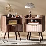 Huuger Nightstand with Charging Station, USB-C Port, Fluted Night Stand Set of 2, Bed Side Table with Drawer, Solid Wood Feet, Open Storage, End Table with Raised Edge, for Bedroom, Walnut