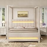 Harper & Bright Designs Queen Size Upholstered Canopy Bed with LED Lights, Wood 4-Poster Bed Frame with Headboard, Wood Slats Support, No Box Spring Needed, Easy Assembly, Beige