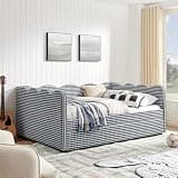 roomfitters Full Size Upholstered Daybed with Twin Pop Up Trundle Wave Edge Gingham Pattern Bed Frame, Gingham Navy