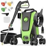 Gurtema 4800PSI Electric Pressure Washer with 4 Lockable Wheels, Portable Power Washer with 23FT Hose+20FT GFCI Cord, 4 QC Nozzles, 500ml Foam Cannon for Decks/Driveways/Cars Cleaning, Green