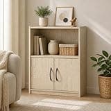 Furevol 2-Tier Bookcase, Bookshelf with 2 Doors Storage Cabinet, Book Shelf with Open Shelf, 9.3 x 21.8 x 27, for Bedroom, Living Room, Home Office, Metropolitan Pine