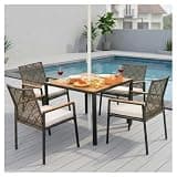 5 Piece Outdoor Patio Dining Set, 4 Wicker Cushioned Chairs & Square Acacia Wood Table with Umbrella Hole, Weather Resistant Furniture for Backyard Garden Poolside (5-Piece Dark Brown)