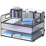 SUPEASY 3 Tier Desk Organizer with Handle & 3 Pen Holders, Mesh Paper/File Organizer for Desk, Paper Letter Tray Organizer for Office Supplies (Black)