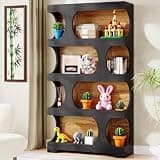LOVEZOE 4 Tier S Shaped Bookshelf, Modern Black and Brown Tall Bookcase for Home Office Living Room, MDF with Anti Tip Kit