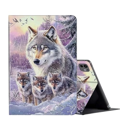 FUYOCWE for iPad Pro 11 Inch Case (M4,5th Generation,2024),PU Leather Slim Folding Stand Auto Sleep Wake Smart Cover for iPad 11" 2024 Model (A2836/A2837/A3006)-Snow Wolf with Her Cubs