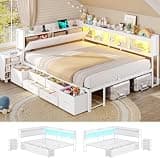 MSmask 14 Inch Corner Bed Frame with Pull-Out Cabinet, Bookcase & Headboad Storage, Full LED Daybed with 6 Drawers, Charging Station, Full Size Metal Platform Bed for Kids Teen, White