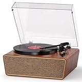 MANGOSTAN Vinyl Record Player with 4 Built-in Speakers, Wireless Bluetooth Turntable with PC Recording, Belt-Driven 3-Speed (33/45/78 RPM), RCA Output, Headphone Jack, Auto Stop Vintage Walnut