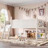 Virubi Twin Low Loft Bed, Full-Length Guardrails, Side Bookshelf, Beige