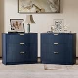 Fluted Nightstands Set of 2, 31.5" Large Bedside Tables with 3 Drawers, Modern Wood Night Stands with Storage for Bedroom, Navy Blue