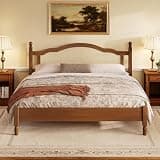 KT Rolster King Size Wood Bed Frame with Rattan Headboard, Solid Wood Platform Bed Frame with 10 Slats, Modern Minimalist Arc Design for Bedroom Guest Room, Easy Assembly, Walnut