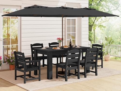 SERWALL Patio Dining Set with 15FT Double Side Umbrella, Outdoor Dining Sets with 1 Rectangular Table and 6 Chairs, HDPE Dining Sets Black(Umbrella Base not Included)