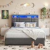 EnHomee Full Size Bed Frame with Upholstered Headboard, LED Bed Frame with Charging Station, 2-Tier Storage Headboard, Heavy Duty Metal Platform Bed Frame, Noise Free, No Box Spring Needed, Grey