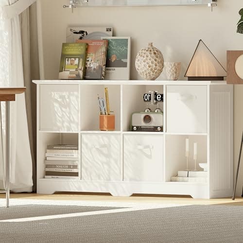 VORONOI 8 Cube Storage Organizer with 4 Fabric Drawers and Removable Shelves — Modular Cube Bookshelf for Bedroom, Living Room, or Home Office, Short Cube Bookcase for Toys, Decor,White