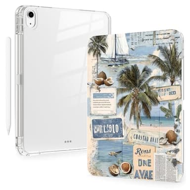 BlHMCASE Sea Beach Newspaper for iPad Air 11 Inch Case 7th/6th Generation (M3/M2) 2025/2024 with Pencil Holder, Auto Sleep/Wake, White Leather Acrylic Back Detachable Cover