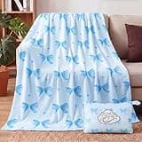 Chicplaid Pink Blue Bow Travel Blanket Airplane and Pillow Compact 2 in 1 Soft Fleece Travel Blanket and Pillow Set with Luggage Sleeve Backpack Clip Compact Airplane Essentials Gifts, 40"x60"(Blue)