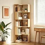 YGWBGA 6-Tier L-Shaped Corner Bookshelf, Natural Pine Wood Open Bookcase for Books and Decor, Large Capacity Display Shelf for Small Spaces, Living Room, Bedroom, Home Office Storage Organizer, Tall