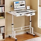 Height Adjustable Standing Desk with 2 Drawers, Small Sit Stand Up Desk with Wheels, Portable Rolling Desk for Walking Pad Treadmill, Computer Office, Adjustable 31.5"-43.3", White, Upgraded Stable