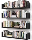 VMROF Wall Bookshelf, Set of 4, U Shaped Floating Bookshelf, Hanging Bookshelves for Wall, Wall Mounted Shelves for Living Room Bedroom Office (Black, 17 Inches, 4)