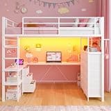 Homkdom Full Size Loft Bed with Desk and Storage,Charging Station,White