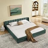 Kolavess King Size Bed Frame with Cloud Soft Headboard, Modern Chenille Upholstered Bedframe Wood Base Bed Frame, No Box Spring Needed, Blue+Green