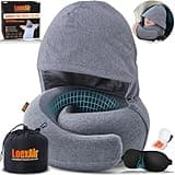 LOEXAIR™ Hooded Pro Travel Pillow - Memory Foam Neck Support Pillow for Airplane, Flight - Super-Soft Pure Cotton Fabric, Maximum Privacy & Light-Block Design, Lightweight Full Travel Kit - Light Grey