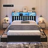Bed Frame Full Size with 8 Drawers and Storage Headboard, Full Bed Frame with LED Lights & Charging Station, Modern Full Platform Bed with Storage Shelves & Under Bed Storage, No Box Spring Needed