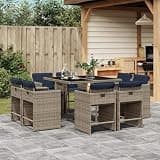 NKOPPFG 9 Piece Grey Poly Rattan Garden Dining Set with Foldable Backrest Chairs, Tempered Glass Table, and Removable Cushions for Outdoor Patio