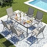 TLSUNNY 7 Pieces Patio Dining Set for 6, Outdoor Table and Chairs W/1.69" Umbrella Hole, 30"X 55" Rectangular Glass Table and Patio Textilene Folding Chair W/ 24″High Back & Armrests (Grey)