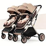 Twin Umbrella Baby Pram Stroller,Double Infant Stroller Foldable High Landscape Shock Absorption Umbrella Twin Stroller with Adjustable Backrest(Khaki)