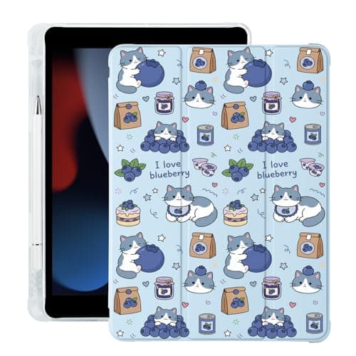 BlHMCASE Cute Kawaii Cat Blueberry for iPad (A16) 11th Gen Case 11 Inch 2025, for iPad 10th Gen Case 10.9 Inch 2022 with Pencil Holder, Auto Sleep/Wake, Blue Leather Soft TPU Back Cover