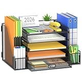 SUPEASY Mesh Desk Organizer with File Holder, 5-Tier Paper Letter Tray Organizer with Magazine Holder, Desktop Organizer and Storage with Drawer for Office Supplies Home or School (Black)