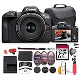 Canon EOS R100 Mirrorless Camera with 18-45mm Lens Bundle | 24.2MP APS-C Sensor, Dual Pixel AF & 4K Video | Great for Beginners, Travel, & Family Photography (6052C012) + 64GB Card + Bag + More